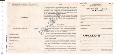 FAC-SIMILE della Tessera Elettorale Fronte