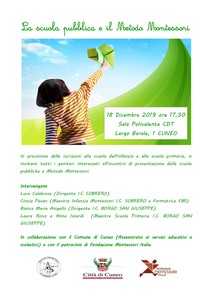 Locandina Incontro di presentazione delle scuole di Cuneo in cui viene sperimentata la didattica a ispirazione Montessoriana