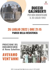 Locandina In ricordo del discorso di Duccio Galimberti - proiezione del documentario “Avevamo vent’anni” di Remo Schellino