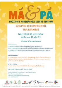 Locandina Ma&Pa: webinar di presentazione del gruppo di confronto fra mamme
