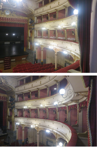 immagine dei palchi prima e dopo l'intervento di restauro