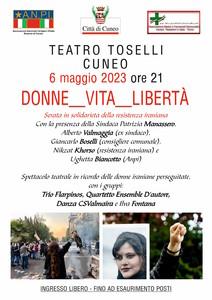 “Donne, vita, libertà” serata in solidarietà del popolo iraniano Sabato 6 maggio Teatro Toselli
