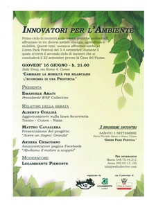 Locandina "Innovatori per l'ambiente" - 3° appuntamento "Muoversi in modo sostenibile con l'auto elettrica ed il trasporto pubblico"