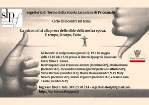 locandina incontri sul tema La psicoanalisi alla prova delle sfide della nostra epoca. Il tempo, il corpo, l’atto.